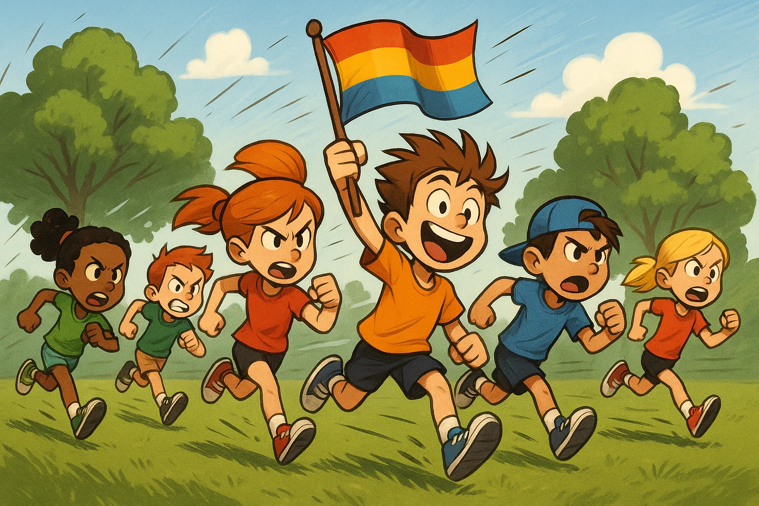 Dynamic cartoon of two teams of kids playing Capture the Flag, with dramatic poses and vibrant motion lines.