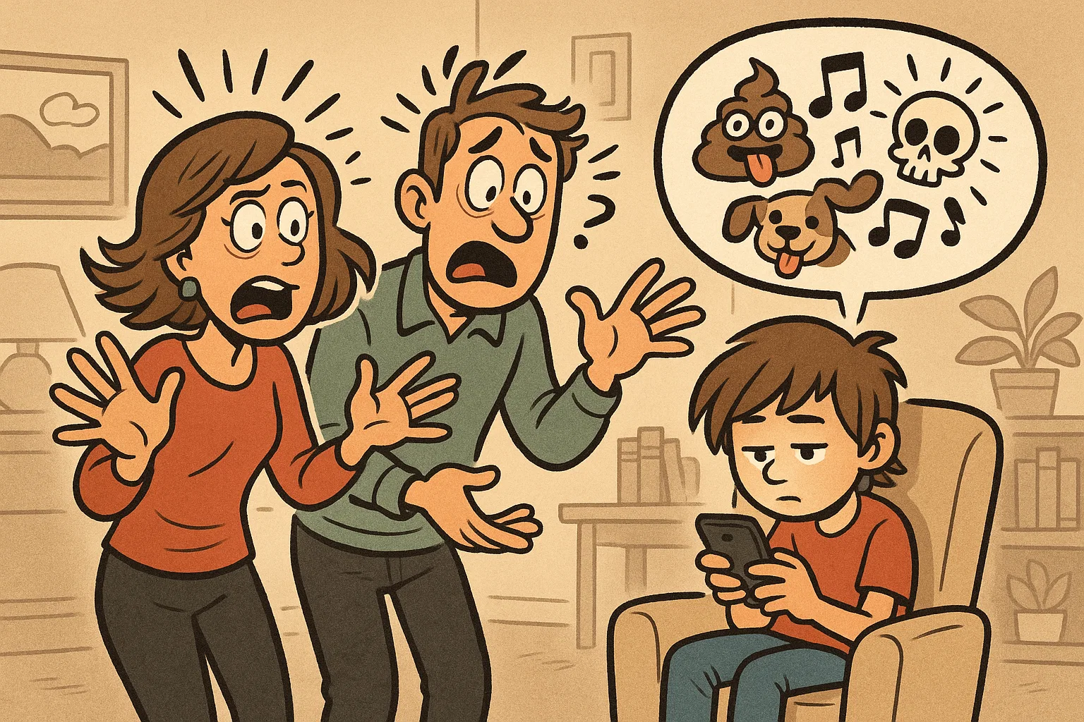 Cartoon parents talking to a tween who is distracted by their phone. Cartoon parents talking to a tween who is distracted by their phone.