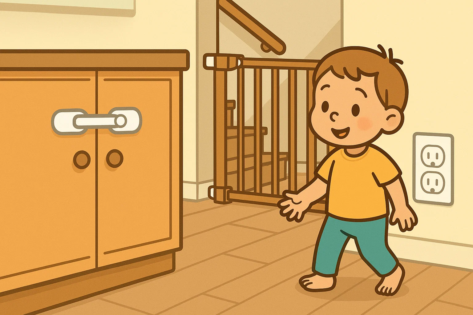A cartoon illustrating childproofing, showing safety latches and a stair gate in a home environment.