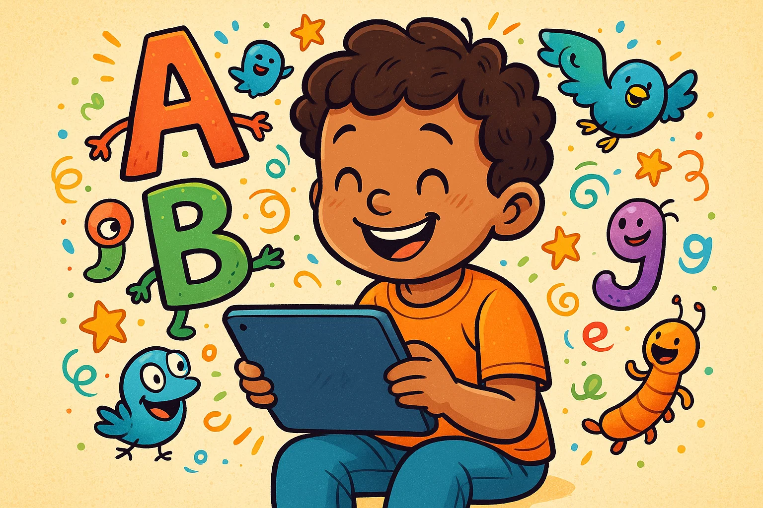 A playful cartoon of a child happily using a reading app on a tablet, with animated letters and characters around them. A playful cartoon of a child happily using a reading app on a tablet, with animated letters and characters around them.