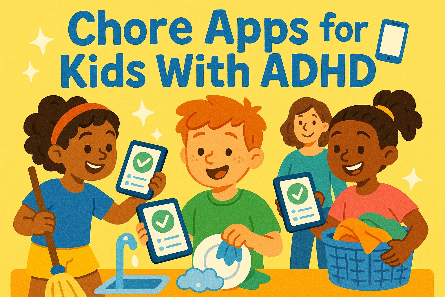 Cartoon kids with ADHD using chore apps on tablets Cartoon kids with ADHD using chore apps on tablets