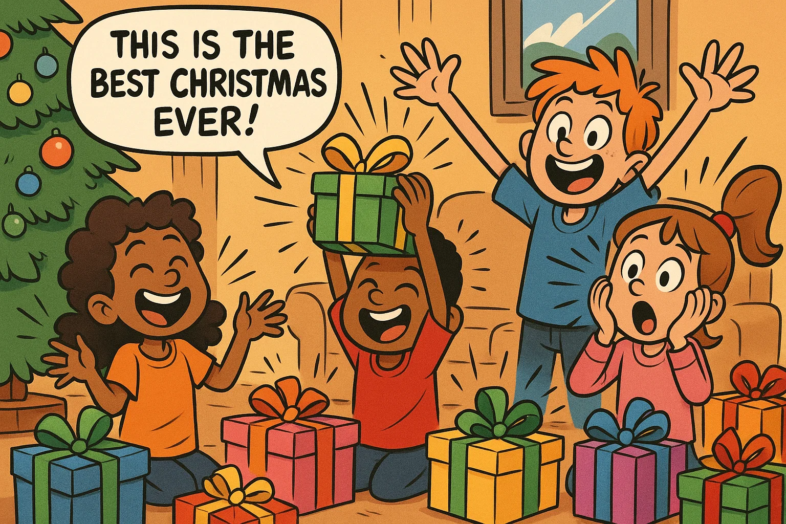 A playful cartoon of excited kids opening Christmas presents, with exaggerated expressions and comic-style action lines. A playful cartoon of excited kids opening Christmas presents, with exaggerated expressions and comic-style action lines.