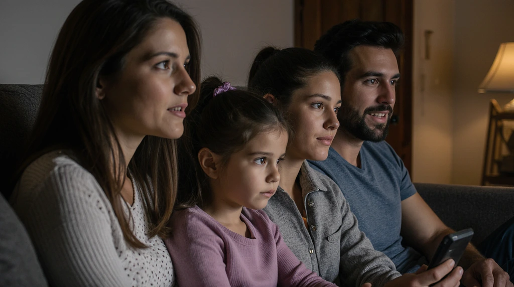 A photograph of a family cozy on a sofa watching a movie in their living room.