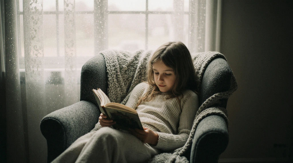hoto of a girl reading a book next to a window with rain outside