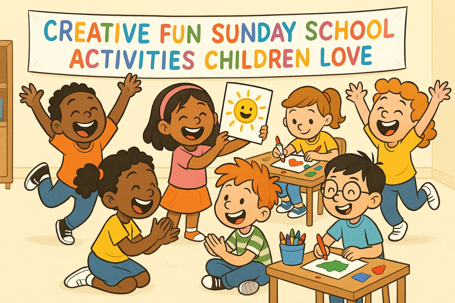 Whimsical cartoon illustration of children happily doing fun activities in a bright Sunday school classroom with colorful banner on the wall.