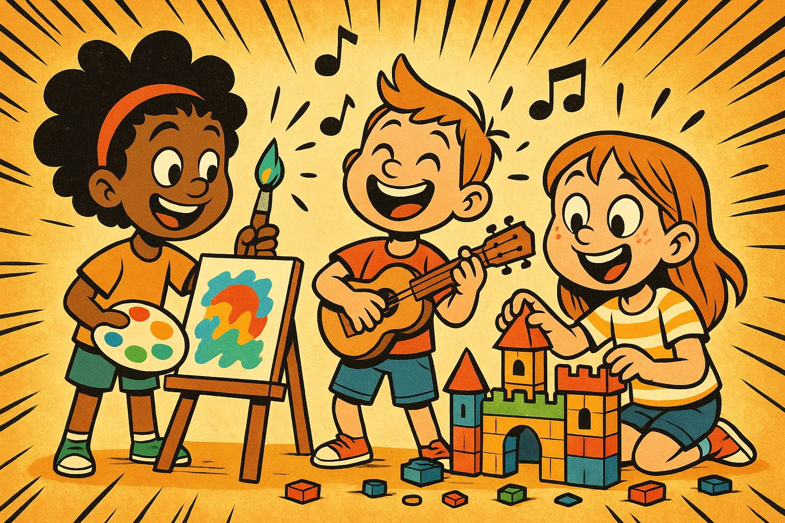  A playful cartoon of kids painting, playing music, and building with LEGOs.
