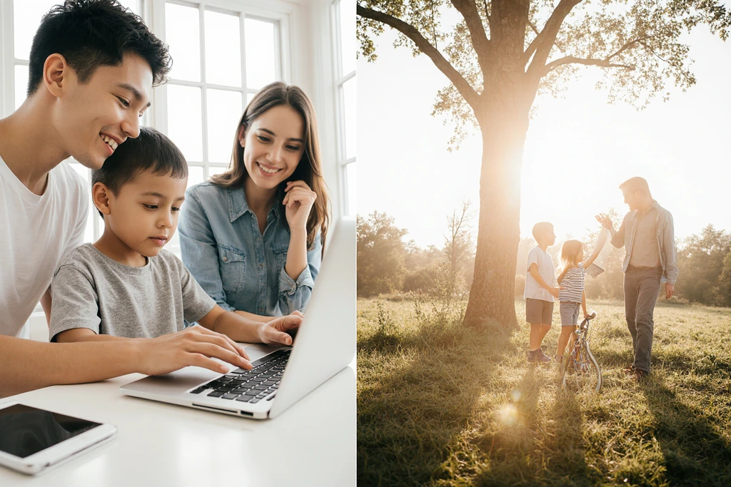 Photo shows child responsibly using tech and engaging in offline activitie. Photo shows child responsibly using tech and engaging in offline activitie.