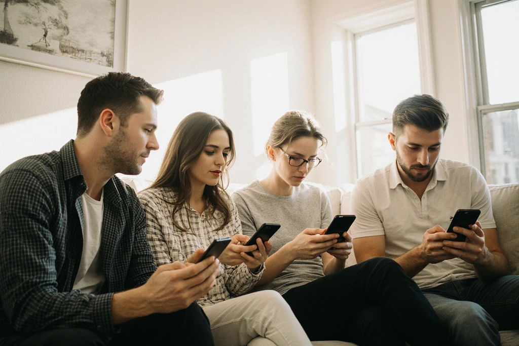Photo showing subtle digital distractions within a family setting. Photo showing subtle digital distractions within a family setting.