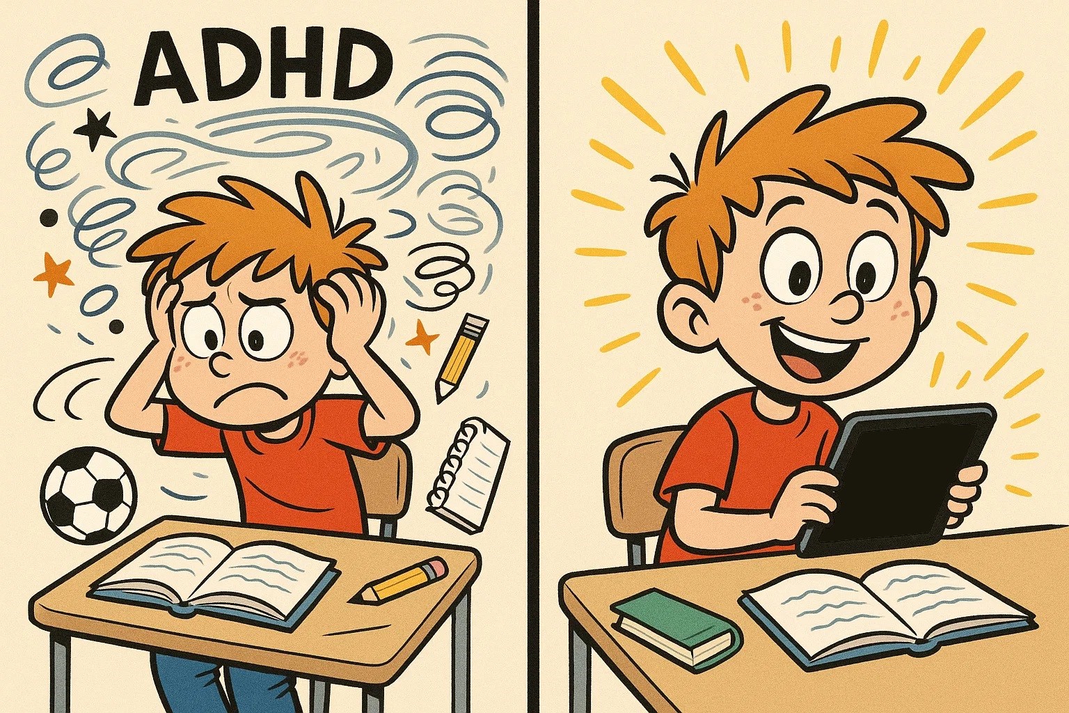 Cartoon child with ADHD focused on an educational app, contrasting with previous struggle Cartoon child with ADHD focused on an educational app, contrasting with previous struggle