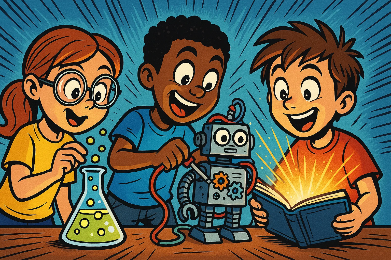 A cartoon of kids doing science experiments, building a robot, and reading an interactive book.
