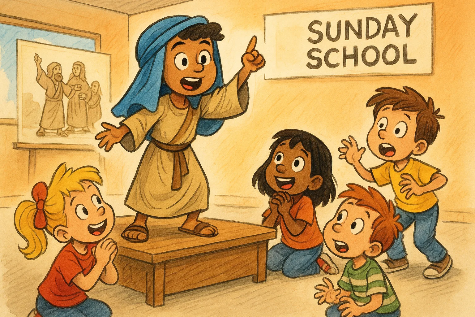 Lively cartoon drawing of children acting out a Bible story during a Sunday school class.