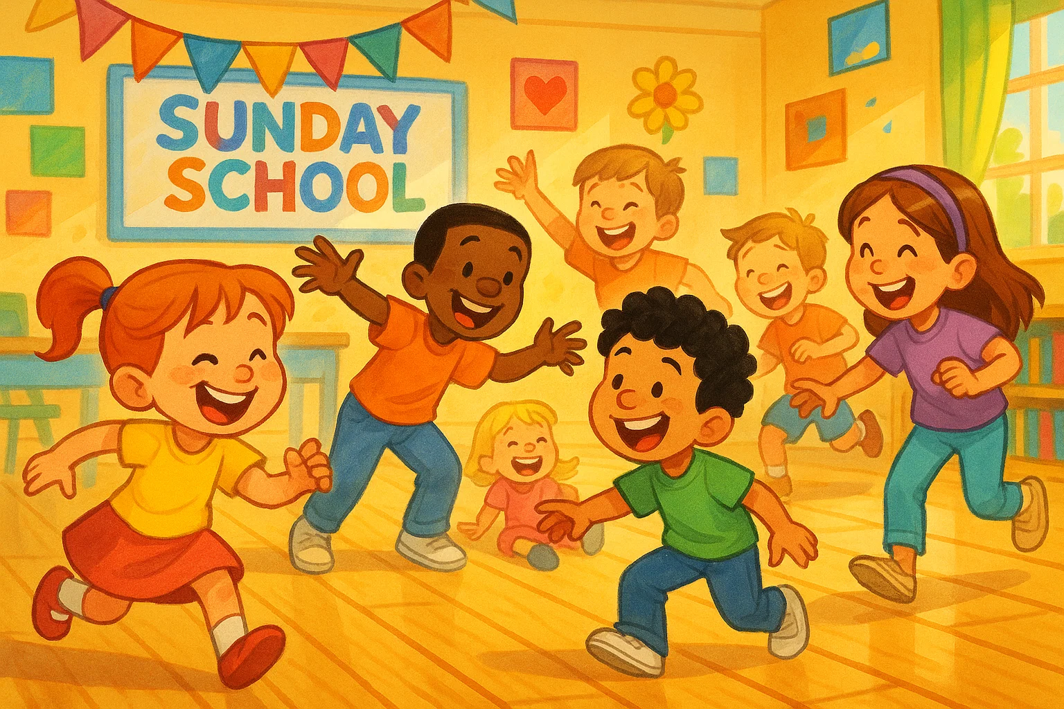 Cartoon of diverse children joyfully playing an energetic Sunday school game in a brightly decorated classroom.