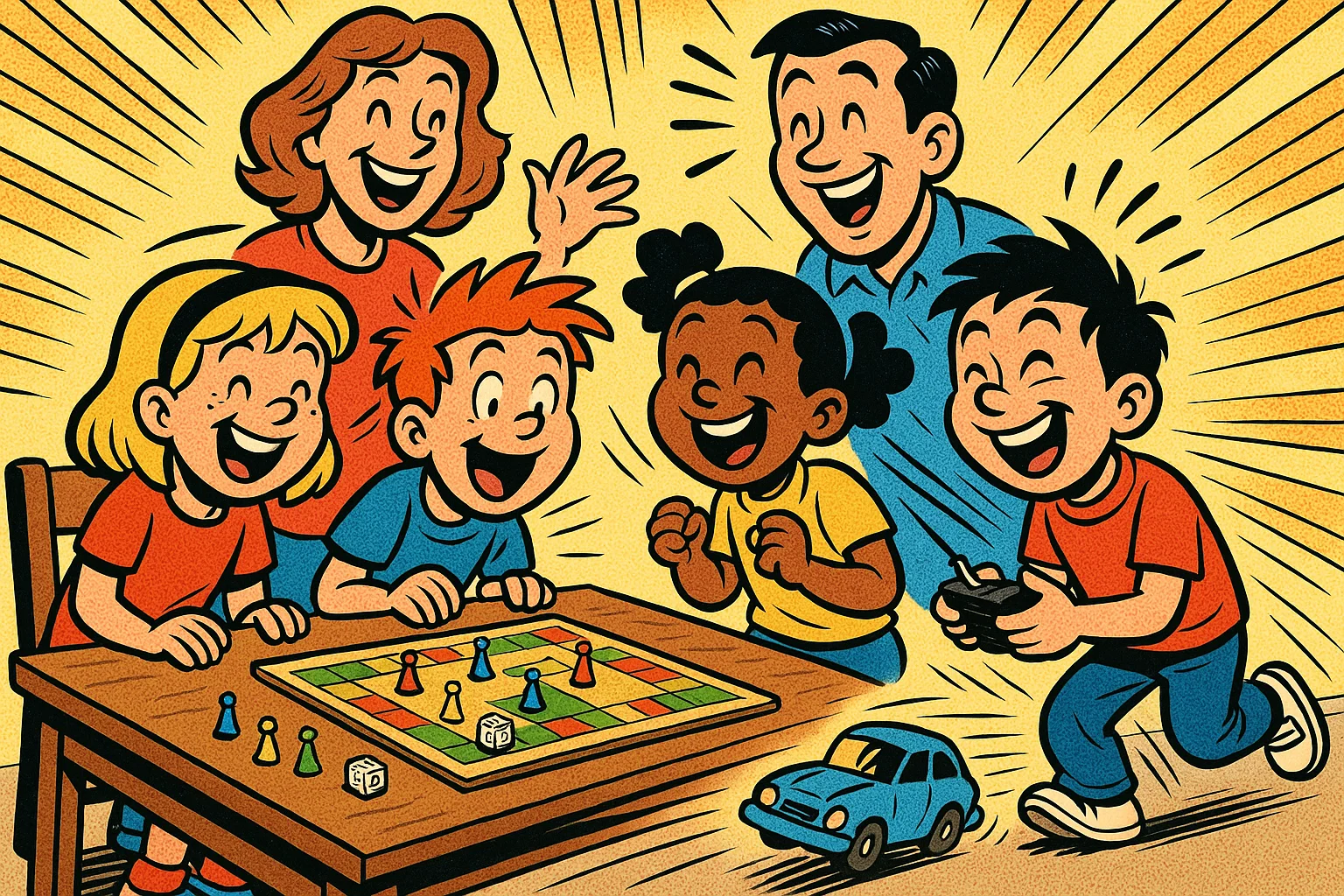 A cartoon of kids playing a board game and a remote-controlled car.
