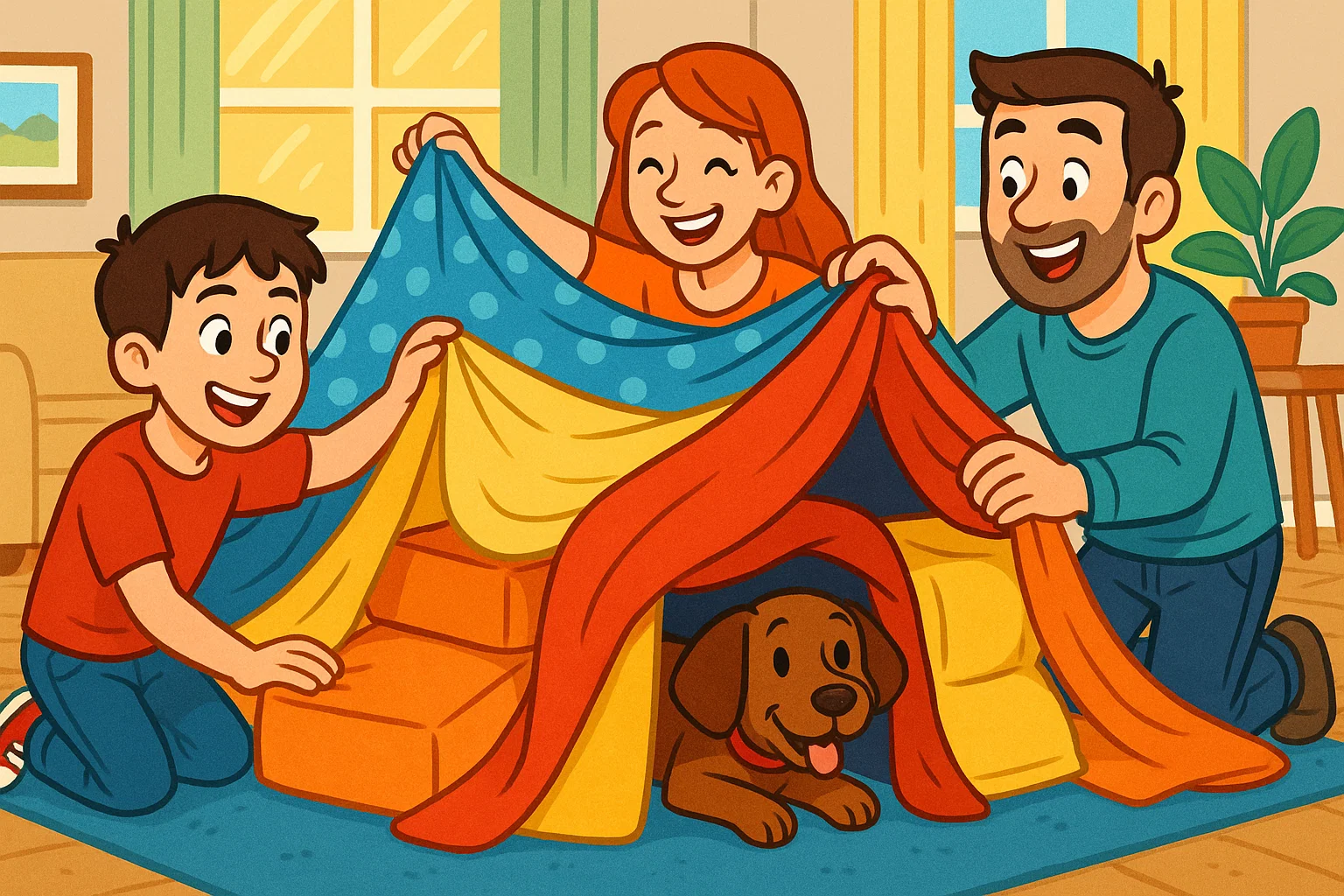 A cartoon of a family with a 12-year-old building a blanket fort together in their living room.