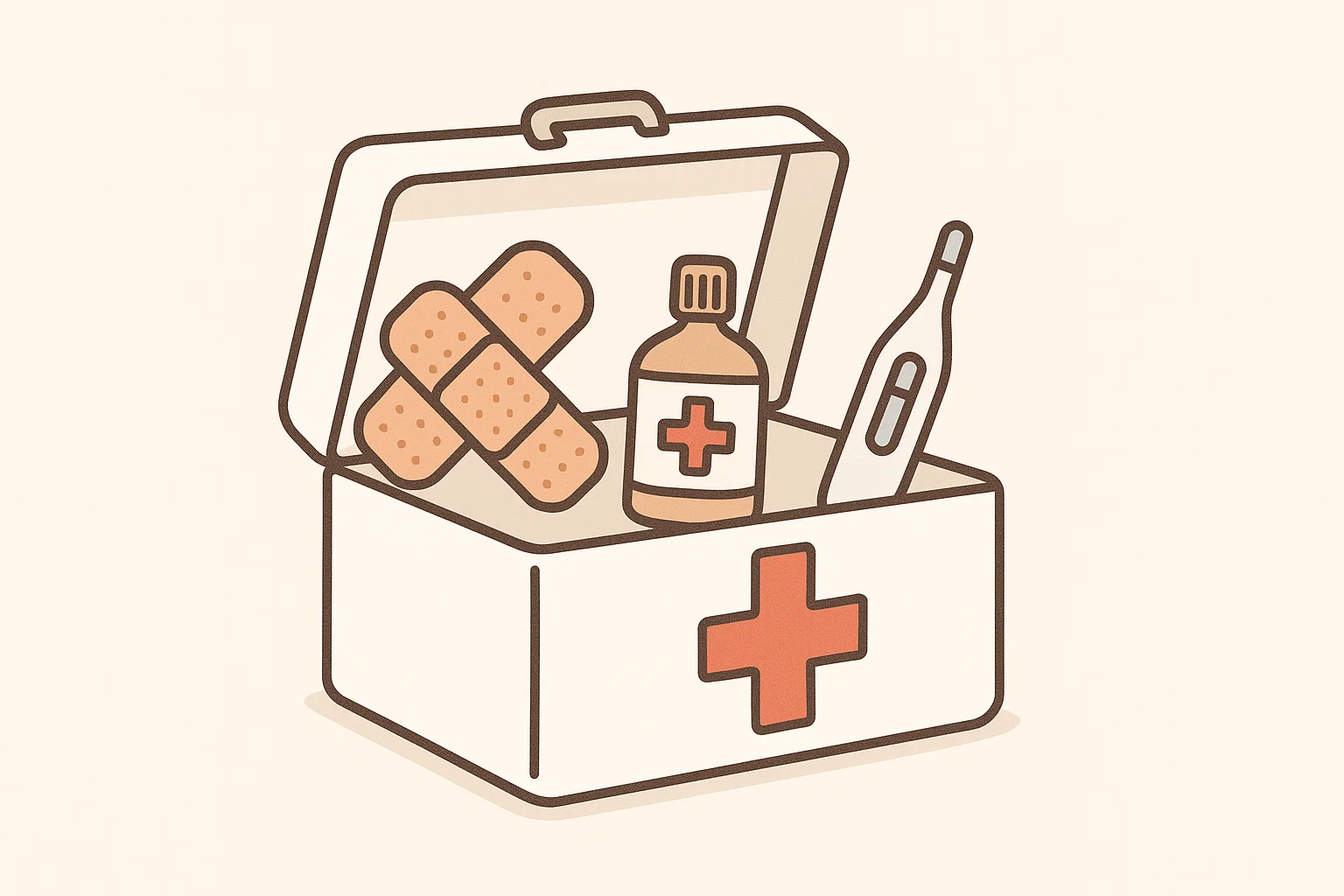 Clean cartoon illustration of a first-aid kit with bandages and antiseptic, in a simple, instructive, and friendly style. Clean cartoon illustration of a first-aid kit with bandages and antiseptic, in a simple, instructive, and friendly style.