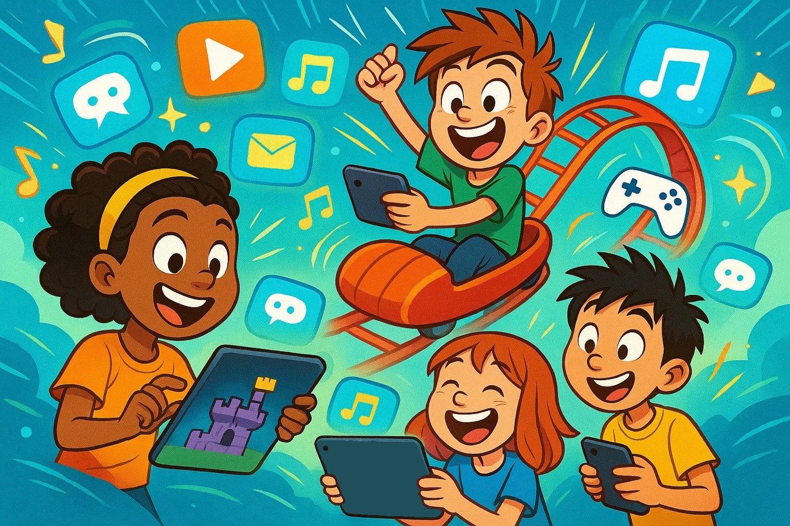Cartoon of happy 11-year-olds enjoying various fun apps on devices