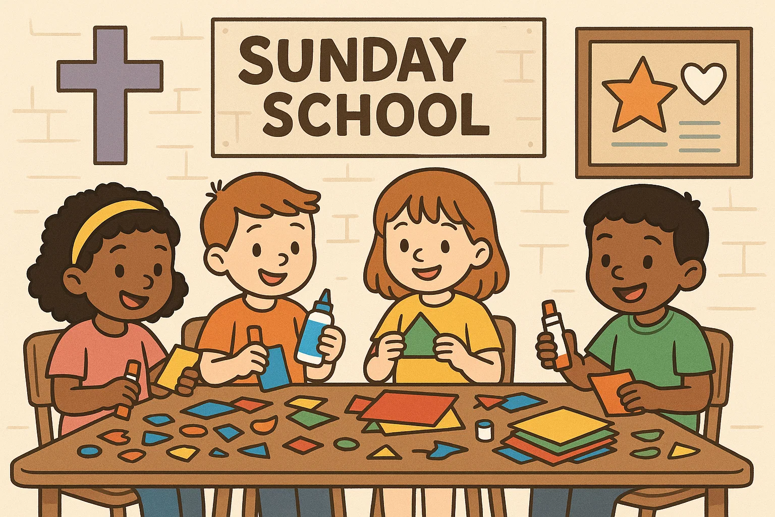 Cartoon of children creating fun crafts at a table in a Sunday school classroom, focused on creativity and teamwork.