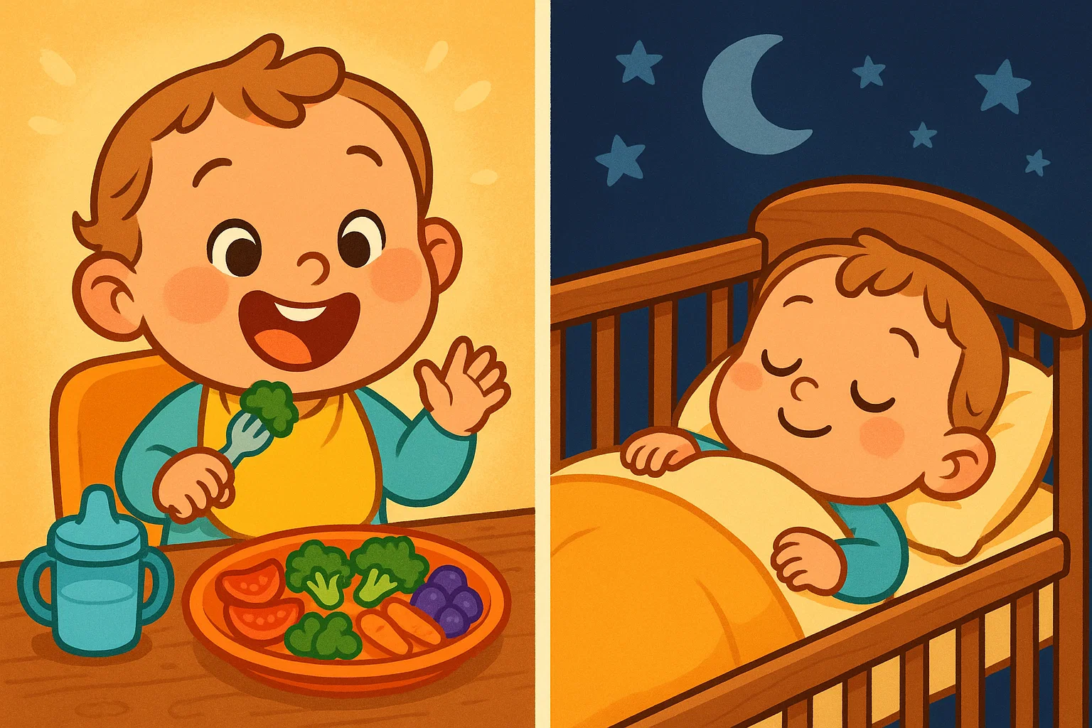 A cartoon showing healthy habits for a toddler, including eating and sleeping peacefully. A cartoon showing healthy habits for a toddler, including eating and sleeping peacefully.