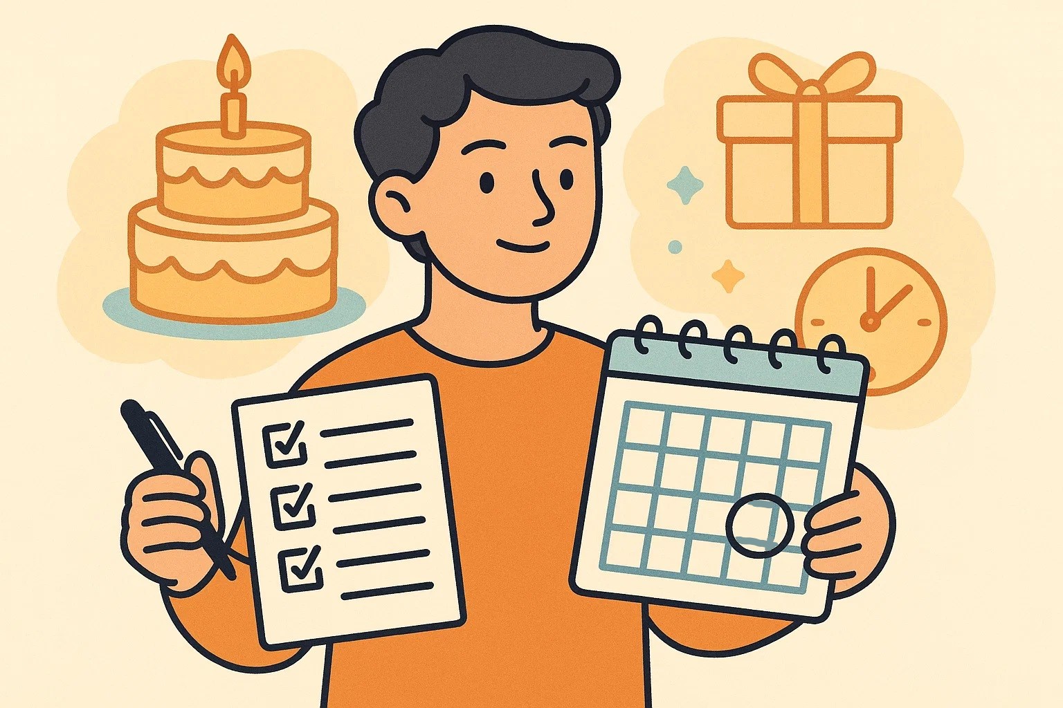  A cartoon of a parent with a checklist and calendar, symbolizing helpful tips and party planning.