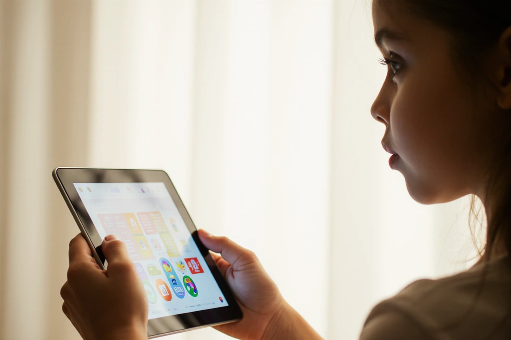 Realistic close-up: child's hands interact with an engaging educational app Realistic close-up: child's hands interact with an engaging educational app