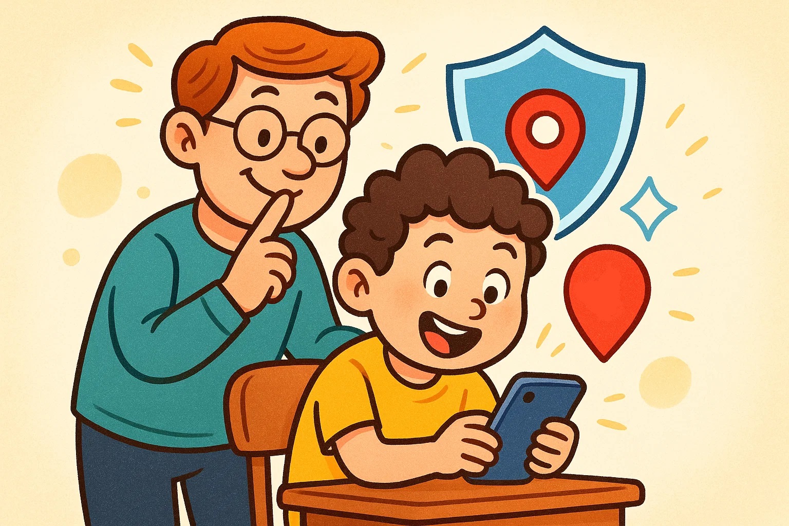 Cartoon illustration of a parent subtly observing a child's phone Cartoon illustration of a parent subtly observing a child's phone