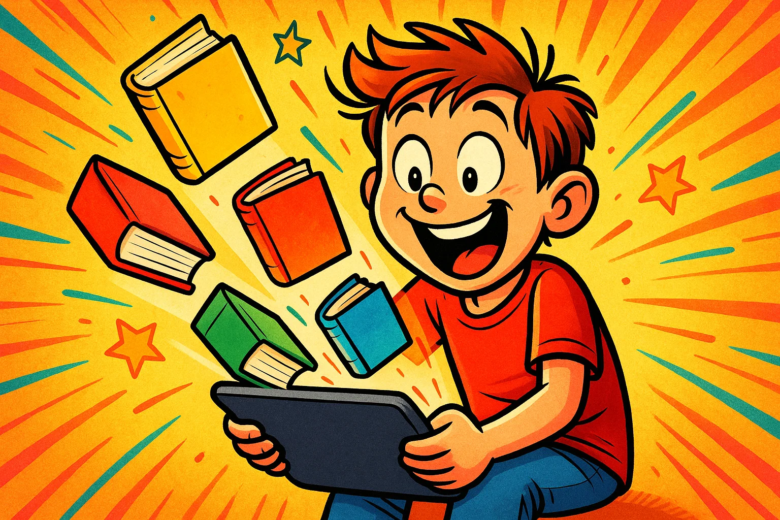 A child reading a book on a tablet A child reading a book on a tablet