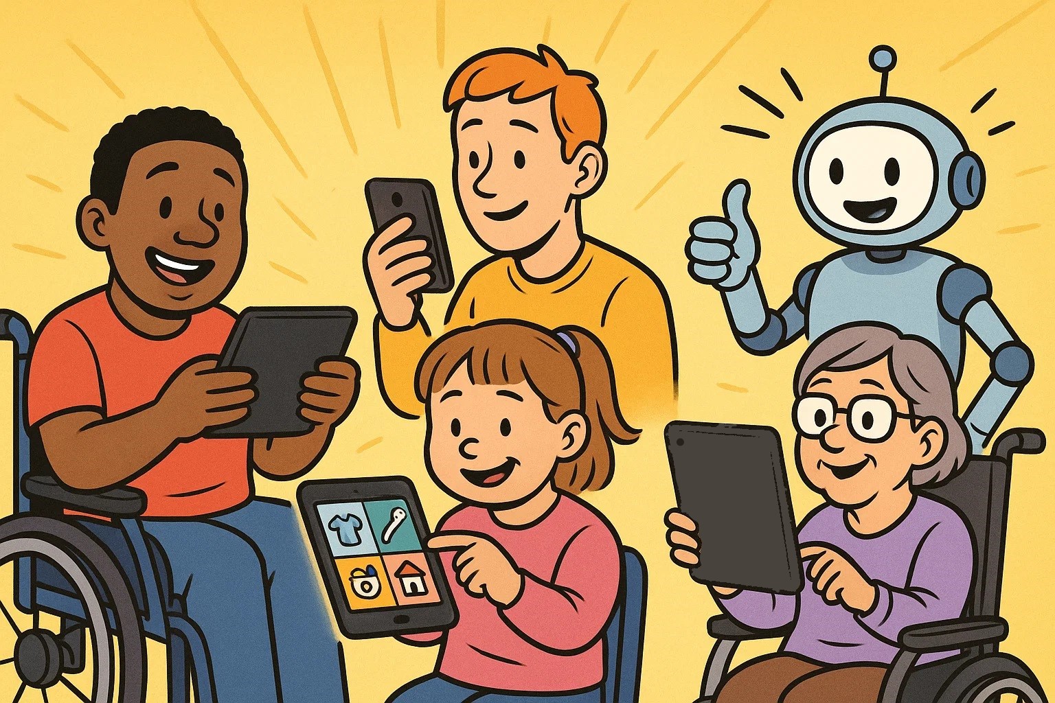 Playful cartoon of diverse individuals with special needs happily using life skills apps on tablets, with a supportive robot Playful cartoon of diverse individuals with special needs happily using life skills apps on tablets, with a supportive robot