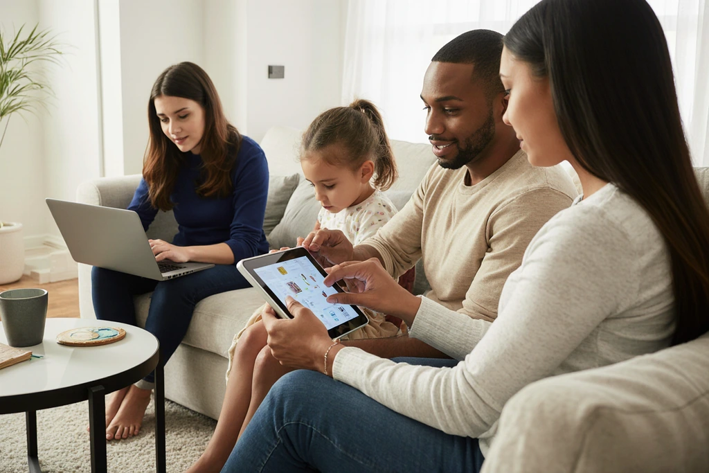 Photo of a family using digital tools for learning and creativity. Photo of a family using digital tools for learning and creativity.