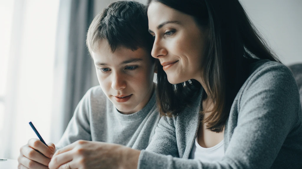 Mom and teenage son sharing a quiet, loving moment