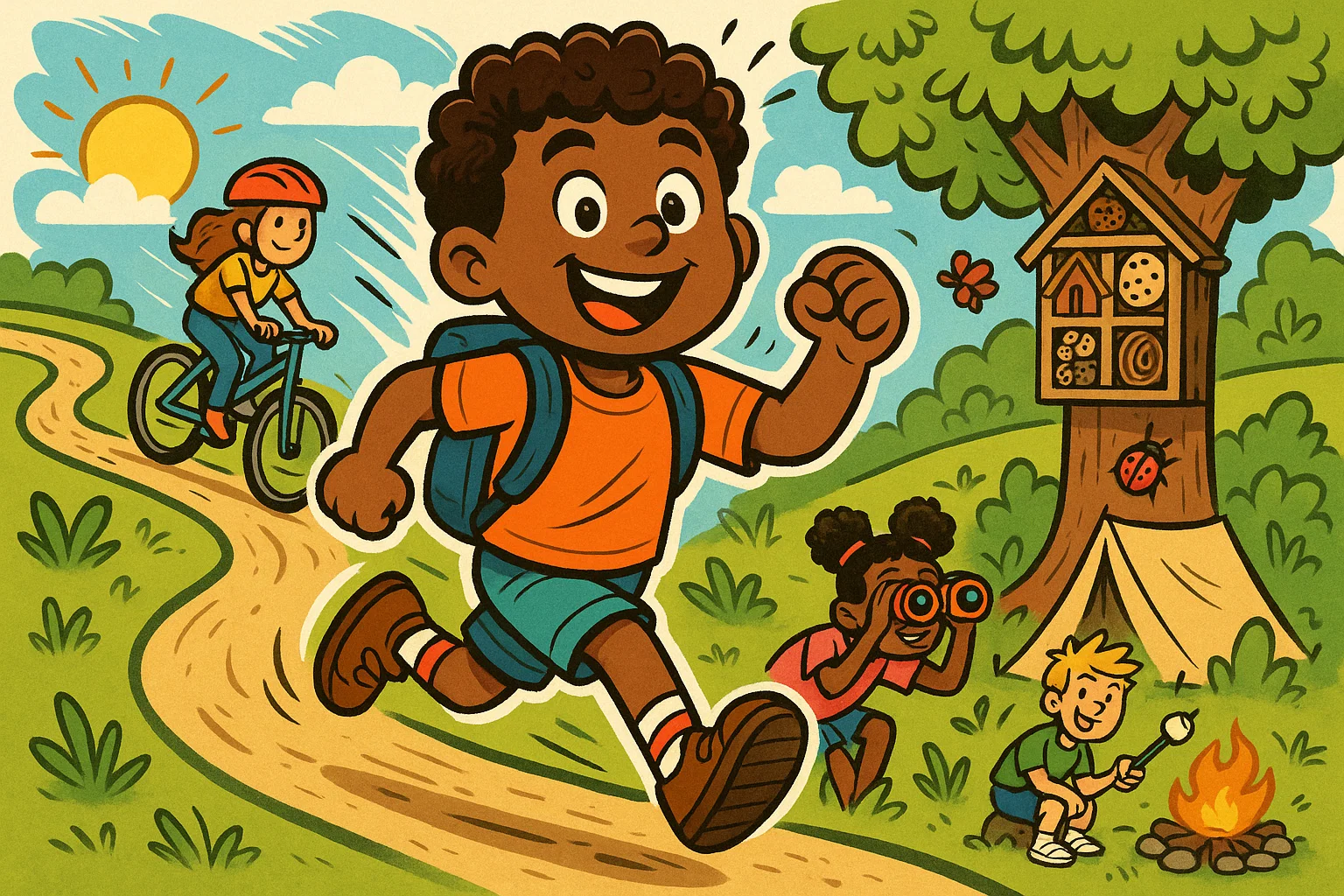 A playful cartoon of kids having outdoor adventures, featuring a bug hotel, bike trail, and a campsite, with comic-style motion lines. A playful cartoon of kids having outdoor adventures, featuring a bug hotel, bike trail, and a campsite, with comic-style motion lines.