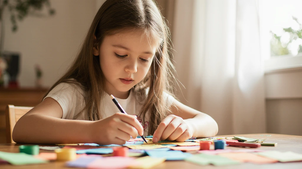 Photo of a girl making paper crafts at a table with soft, natural light.