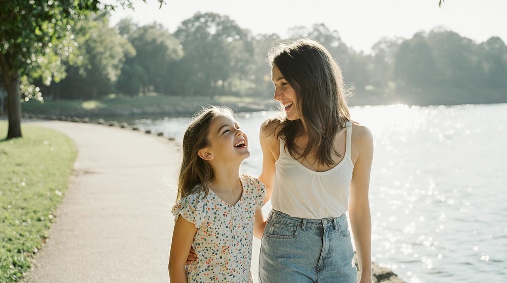 Mother and daughter walking by the water, having a lively conversation.