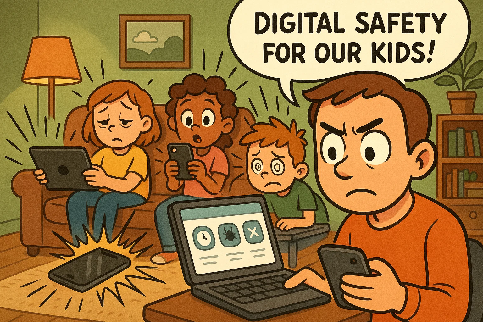 Cartoon children with gadgets and a parent using a parental control app.