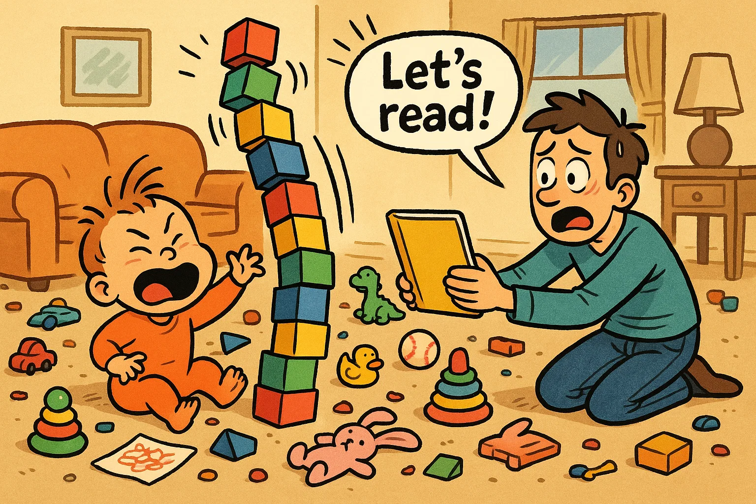 A cartoon of a parent offering a book to a toddler in a messy living room. A fun illustration of parenting tips for ages 1-3. A cartoon of a parent offering a book to a toddler in a messy living room. A fun illustration of parenting tips for ages 1-3.