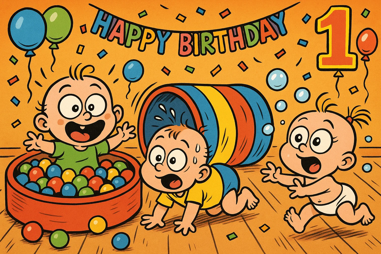 A funny cartoon showing a chaotic but fun 1st birthday party with various games for babies and toddlers.
