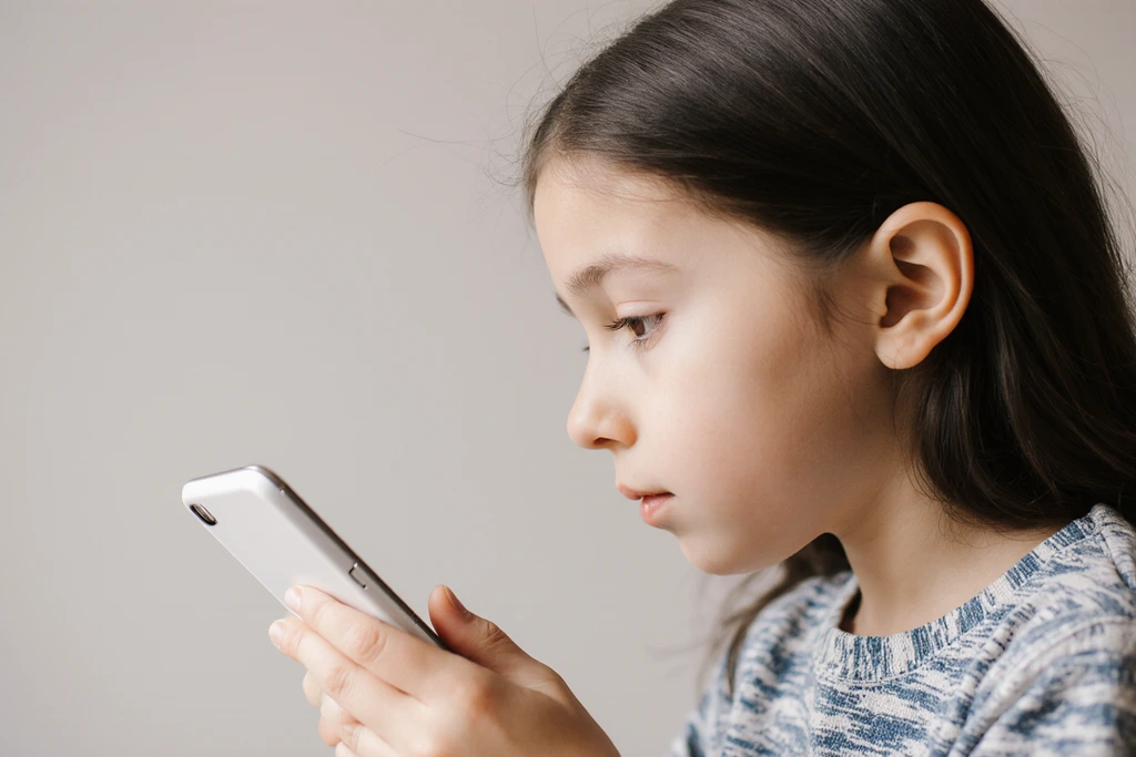 Realistic photo: child deeply focused on an attention-enhancing app in a calm setting Realistic photo: child deeply focused on an attention-enhancing app in a calm setting