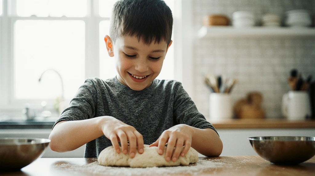 Realistic photo of a boy with a floury face, smiling while kneading pizza dough.