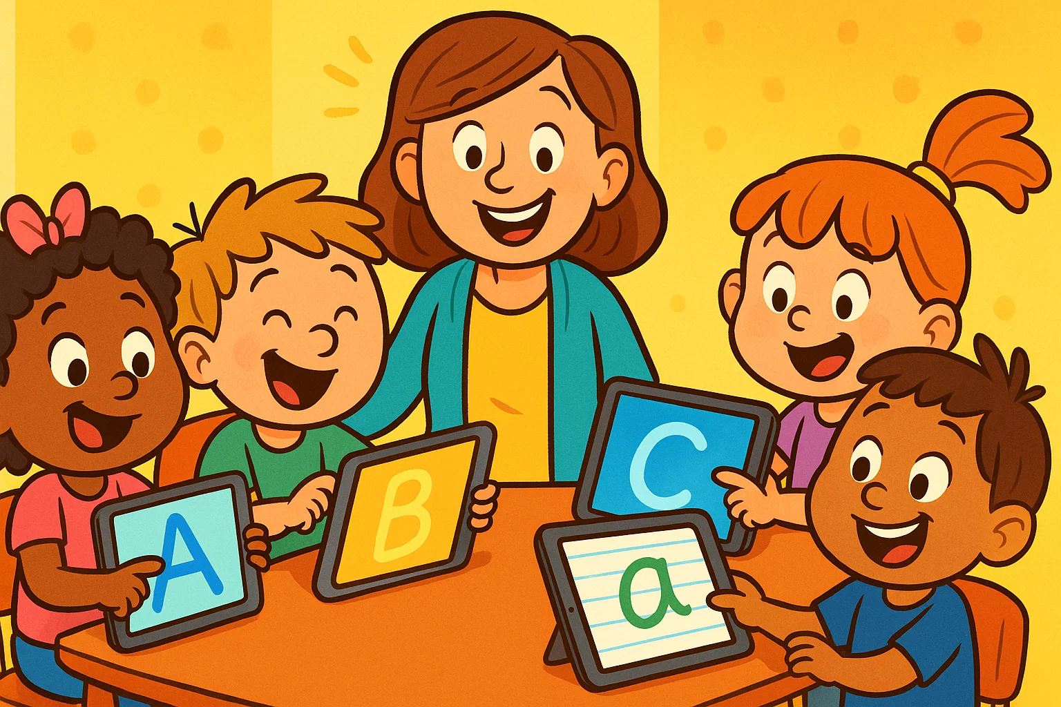 Cartoon of happy preschoolers learning to write on tablets with educational apps Cartoon of happy preschoolers learning to write on tablets with educational apps