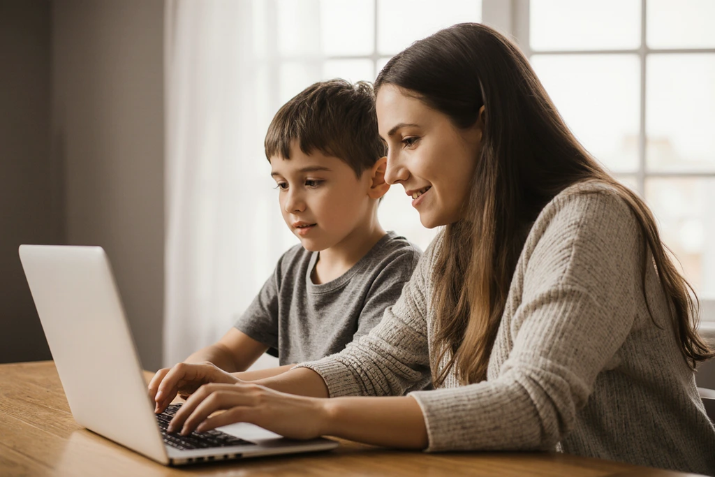 Photo of a parent teaching a child digital literacy skills. Photo of a parent teaching a child digital literacy skills.