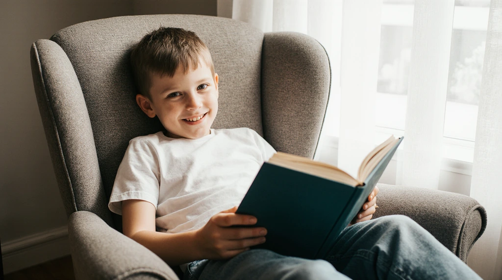 A realistic photo of a boy smiling at the camera while reading a book in a comfortable chair.