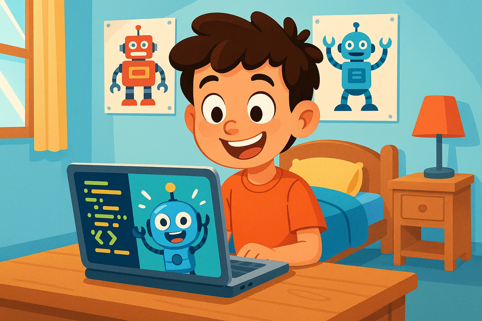 A cartoon of a boy coding on a laptop, a robot on screen, in a tidy room with robot posters.