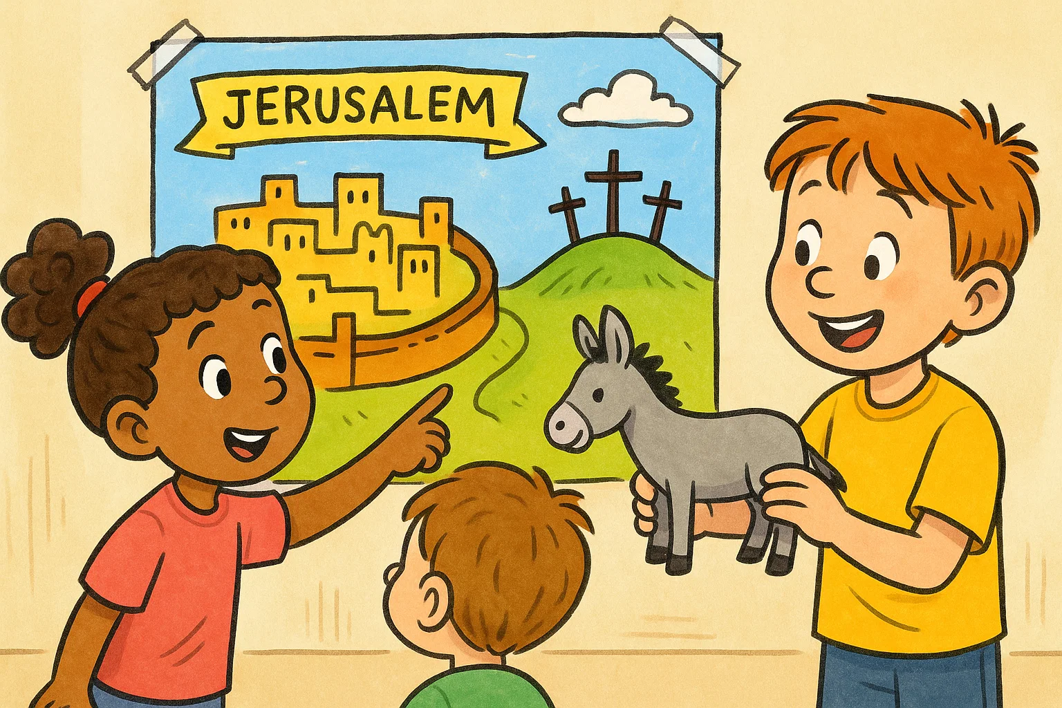 Whimsical cartoon of children interacting with a hand-drawn map and objects for a Sunday school lesson.