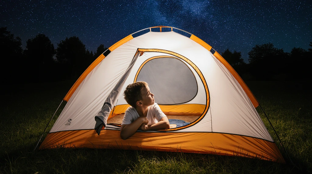 A realistic photo of a boy peeking out of a tent at night.