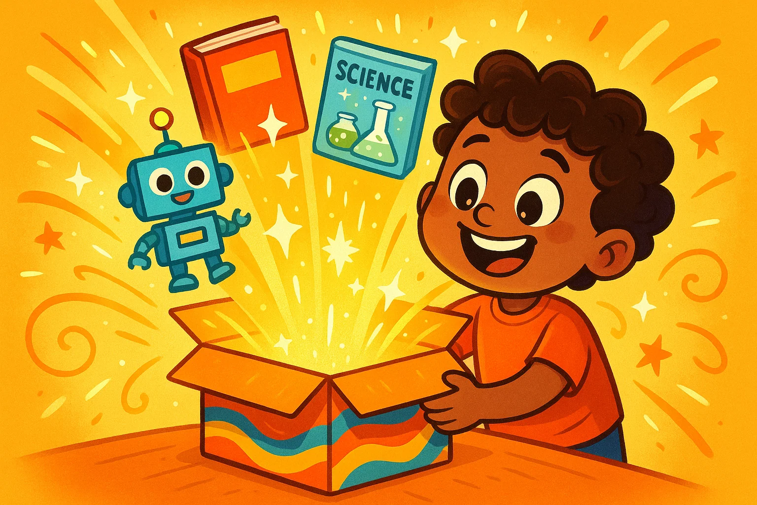 A cheerful cartoon of a child opening a magical subscription box with various toys and books.