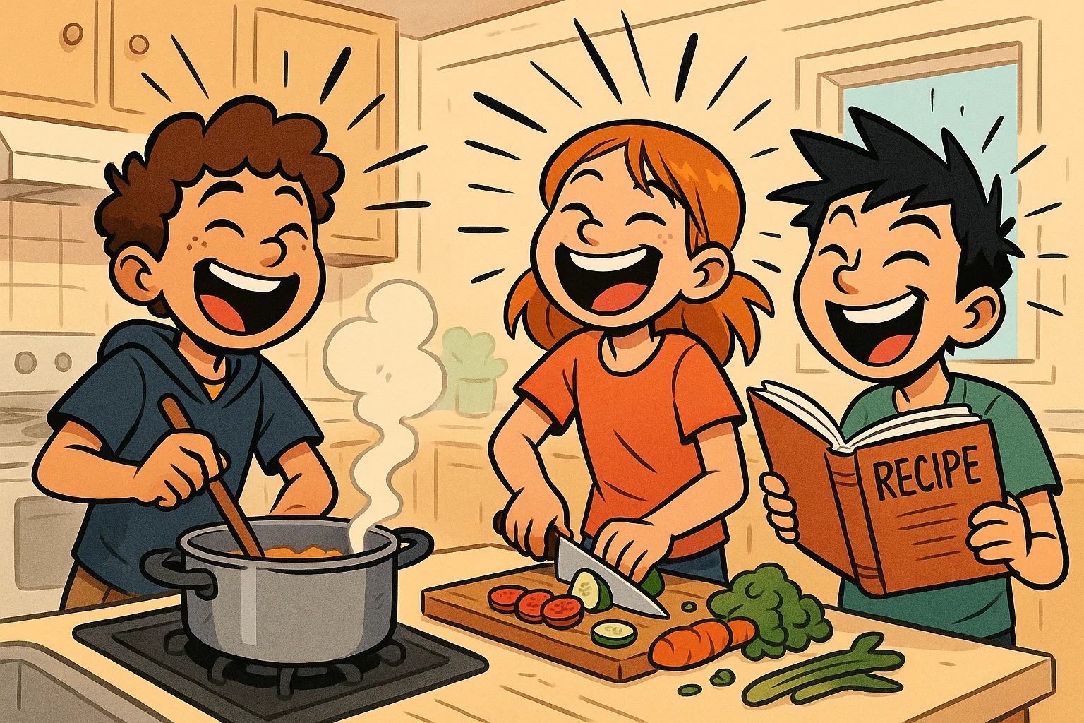 A cartoon of three kids laughing and cooking together in a kitchen. One is stirring, another is chopping.