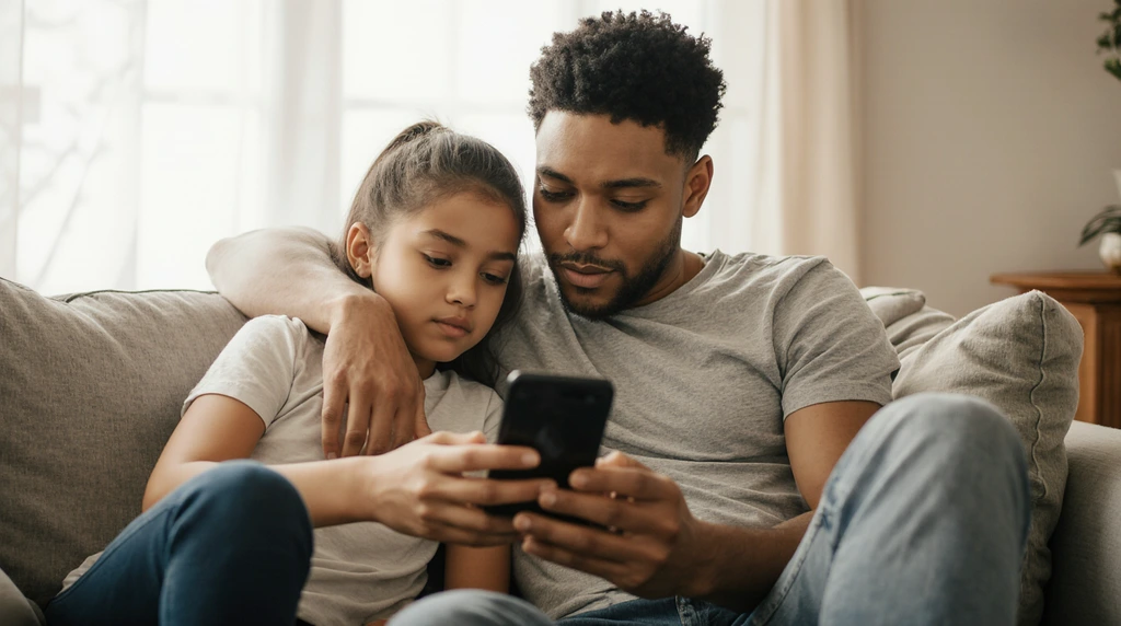 Parent and child on a couch, looking at a phone together.