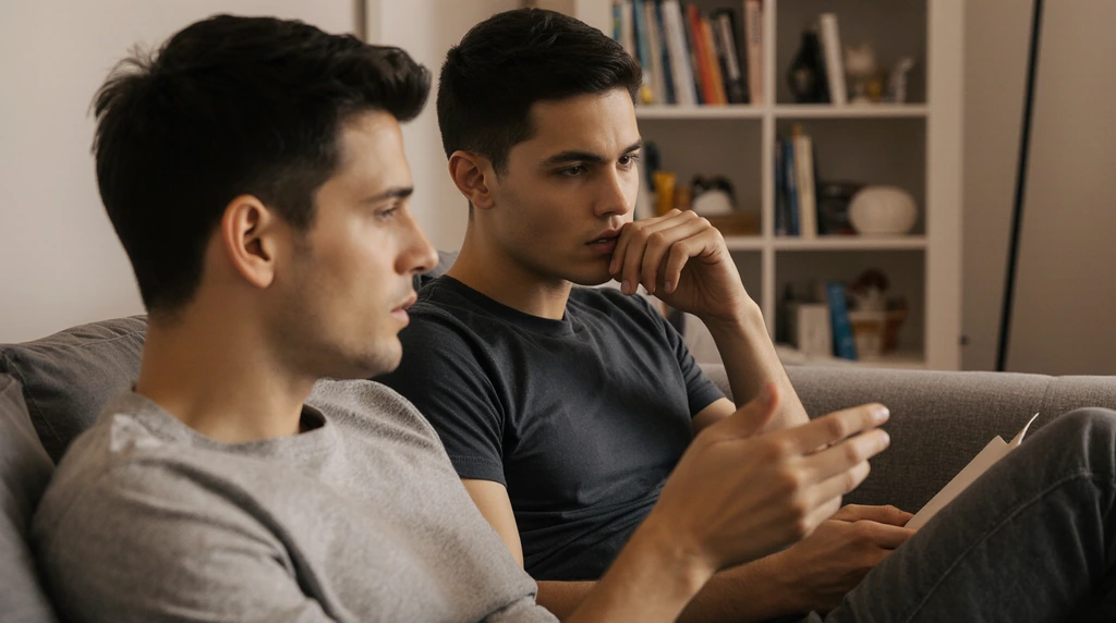 Moment of a parent and a teenage son discussing rules.