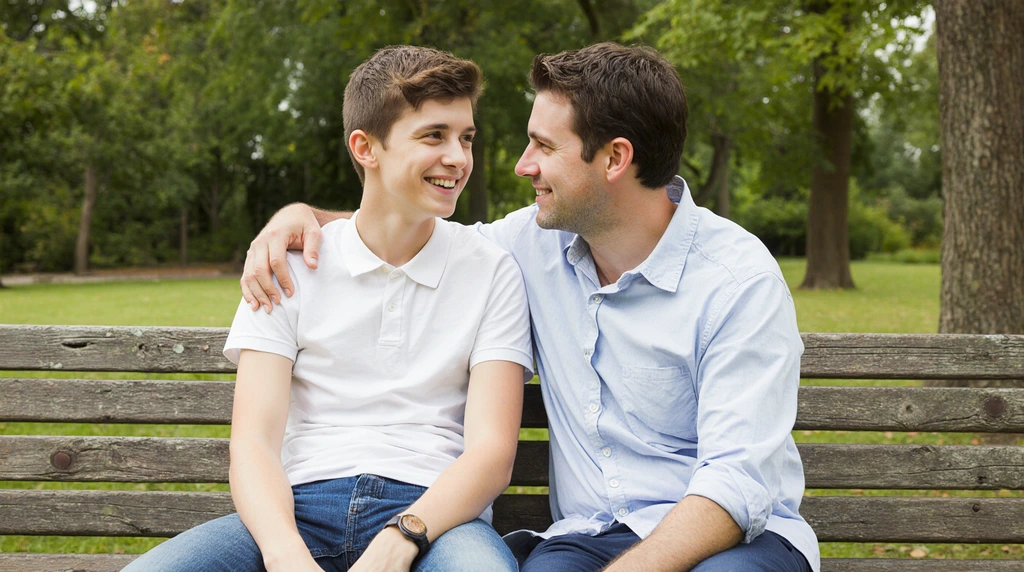 Parent and a teenage son engaged in a deep conversation outdoors