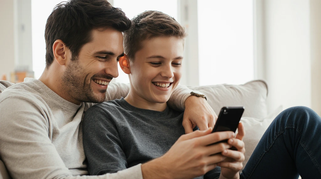Loving moment between a teenage boy and his parent, sharing a laugh and a gentle touch.