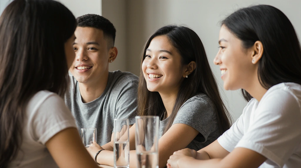 Teenager laughing with friends in a cafe.